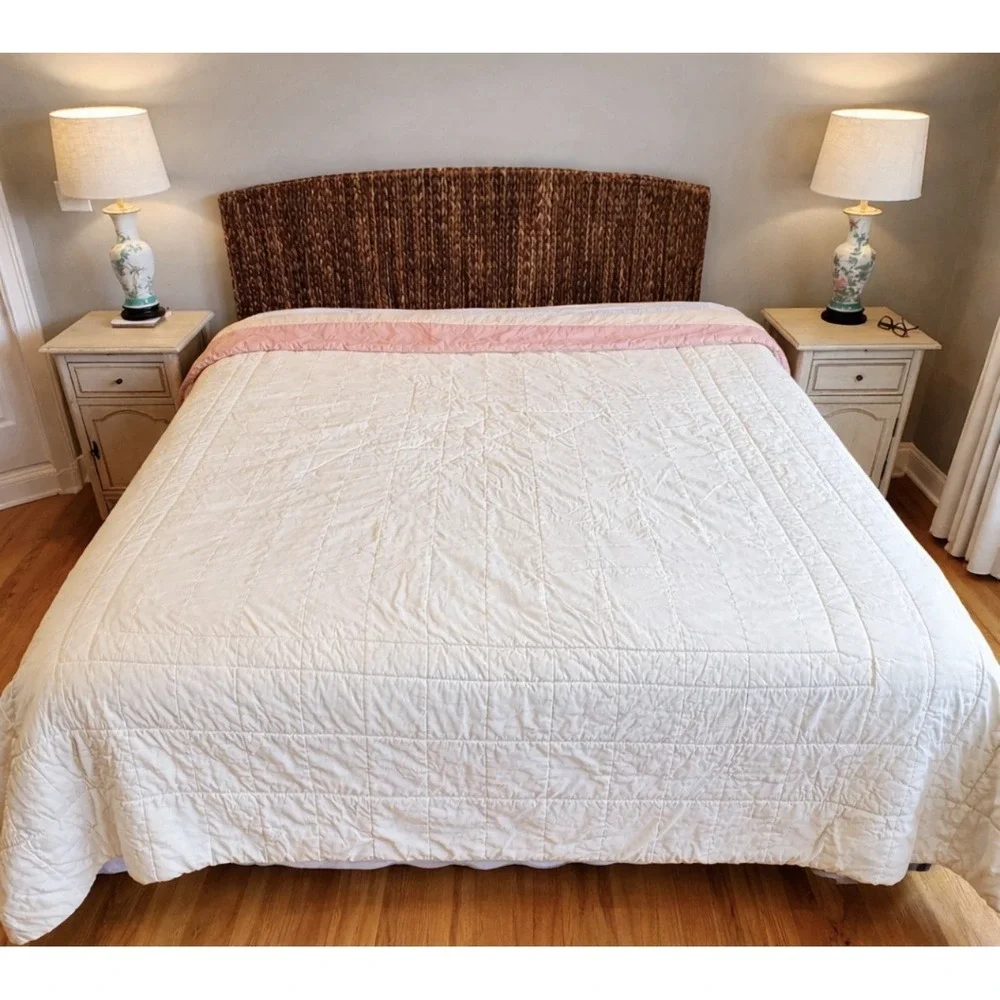 Handmade‎ Vintage Pink White Star Quilt Blanket Thick 110x96